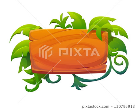 Jungle forest adventure sign, tropical frame with lianas and leaves. Cartoon vector wooden signboard, wood plank or border with green vines and Amazon thicket. Timber panel with rainforest plants 130795918