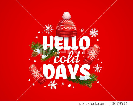 Hello cold days, Christmas holiday quote and greeting card with snowflakes, cartoon vector. Christmas quote and New Year winter holiday greeting card, Xmas tree in snow and knitted hat with mittens Hello cold days, Christmas holiday quote and greeting card with snowflakes, cartoon vector. Christmas quote and New Year winter holiday greeting card, Xmas tree in snow and knitted hat with mittens 130795941
