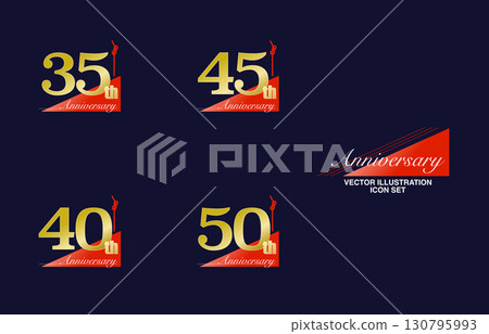 Illustration material: Japanese-style anniversary celebration gold logo set 35-50th, Mizuhiki, Noshi 130795993