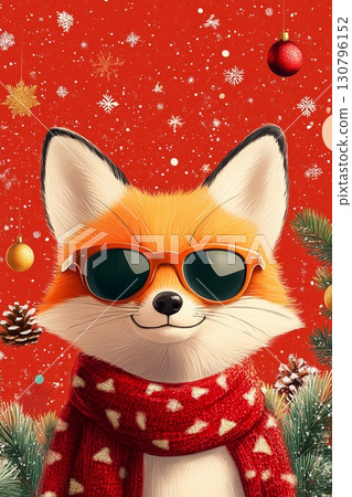 Fox wearing sunglasses and a scarf celebrates the holiday season with festive decorations 130796152
