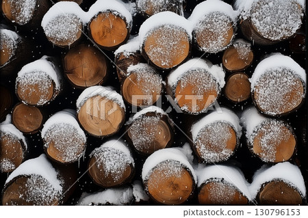 Logs covered in snow create a peaceful winter landscape in a forest setting 130796153