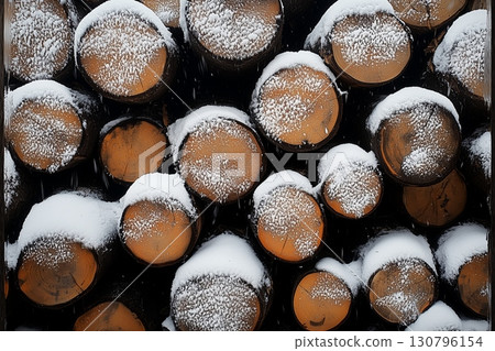 Snow-covered logs stacked in a winter landscape captured during the snowfall season 130796154