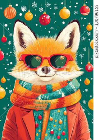 Festive fox wearing sunglasses and a scarf with holiday decorations in the background 130796155