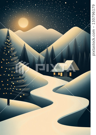 Snowy landscape with a cabin and illuminated tree under a starry night sky 130796179