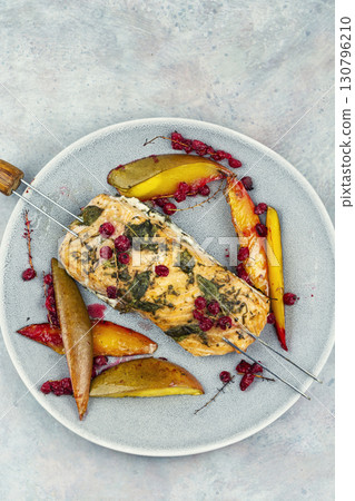 Barbecue salmon skewers. 130796210