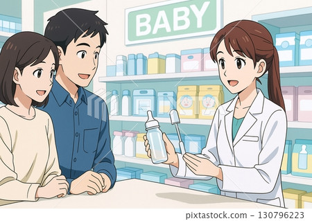 一位藥劑師和一對夫婦在藥局講解嬰兒用品 130796223