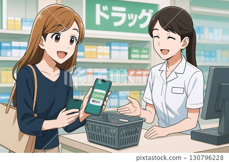 一位女士在藥局出示智慧型手機優惠券的插圖 130796228