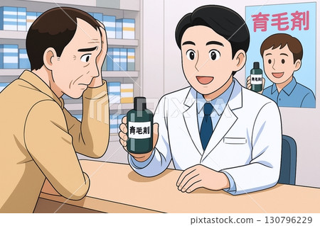 一名男子在藥局諮詢生髮產品的圖片 130796229