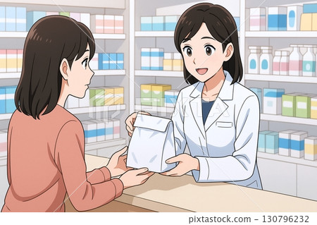 Illustration of a woman and a pharmacist receiving medicine at a pharmacy Illustration of a woman and a pharmacist receiving medicine at a pharmacy 130796232