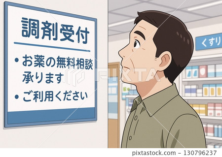 Illustration of a man looking at a pharmacy's prescription reception sign 130796237