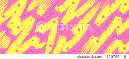 Pop Art Grunge Pattern with Yellow Brush Strokes on Pink Background. Hand Drawn Memphis Background for Posters or Banners 130796446