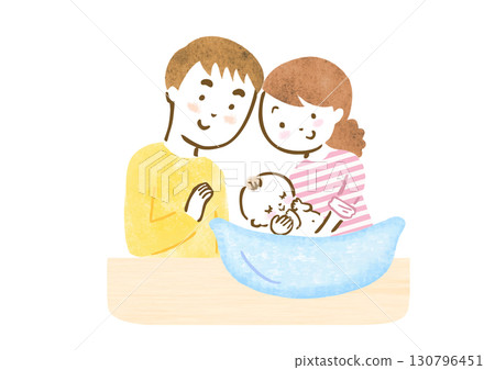 手繪插圖:一對夫婦正在幫嬰兒洗澡 手繪插圖:一對夫婦正在幫嬰兒洗澡 130796451