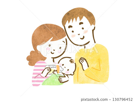 Hand-drawn illustration of a couple feeding their baby 130796452