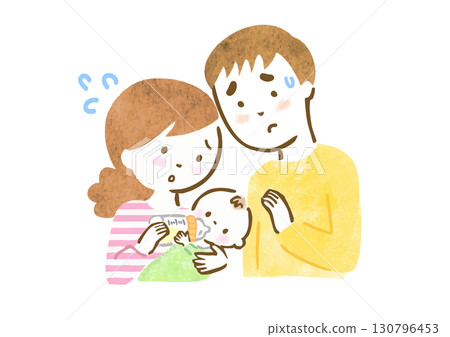 A hand-drawn illustration of a couple who are frustrated because they are having trouble breastfeeding their baby 130796453