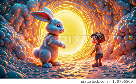 Magical encounter boy and giant bunny in a glowing portal. A boy stands in front of a giant rabbit next to a glowing portal that looks like a tunnel and is ghostly.  130796509