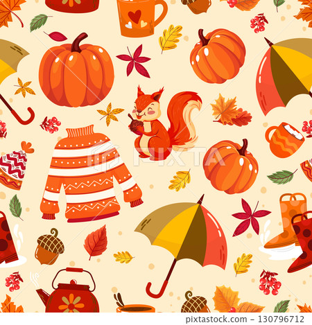 Seamless autumn pattern with squirrel, pumpkins, leaves and cozy seasonal elements 130796712