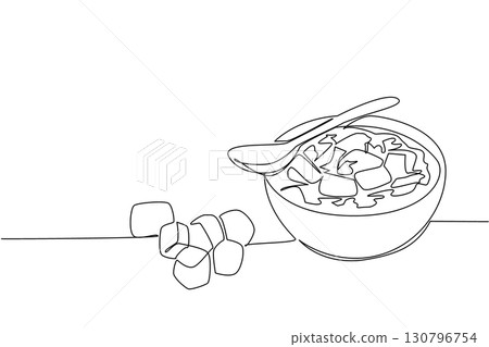 Single continuous line drawing soup with croutons in a bowl with croutons scattered around. Perfect combination. More delicious. Cuisine. National Crouton Day. One line design vector illustration Single continuous line drawing soup with croutons in a bowl with croutons scattered around. Perfect combination. More delicious. Cuisine. National Crouton Day. One line design vector illustration 130796754
