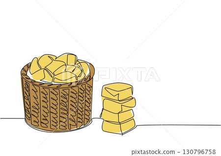 Continuous one line drawing buttermilk biscuit in rattan wicker container. Display food. Can be brought as souvenirs. National Buttermilk Biscuit Day. Single line draw design vector illustration 130796758
