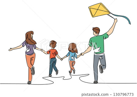 Continuous one line drawing back view, happy family playing kites outdoors. Forget the gadgets, play together. Holiday. Hobby. International Family Day. Single line draw design vector illustration Continuous one line drawing back view, happy family playing kites outdoors. Forget the gadgets, play together. Holiday. Hobby. International Family Day. Single line draw design vector illustration 130796773