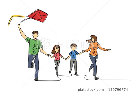 Single continuous line drawing front view, happy family playing kites outdoors. Welcoming a pleasant sunset. Without gadgets. Vacation. International Family Day. One line design vector illustration Single continuous line drawing front view, happy family playing kites outdoors. Welcoming a pleasant sunset. Without gadgets. Vacation. International Family Day. One line design vector illustration 130796774