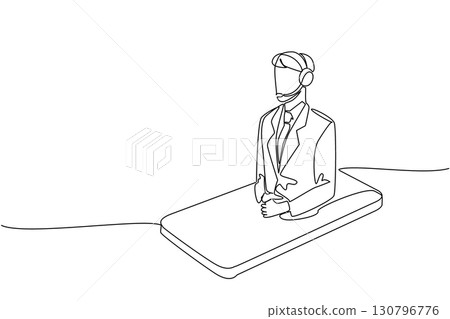 Single continuous line drawing male customer support wearing headphones coming out of smartphone screen. Leveraging technology. International Customer Support Day. One line design vector illustration 130796776