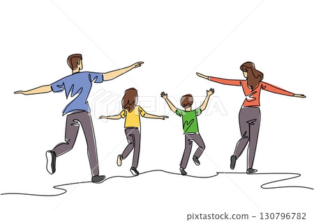 Single one line drawing back view, happy family running and stretching both hands. Running around the park with joy. Holiday. International Family Day. Continuous line design graphic illustration 130796782