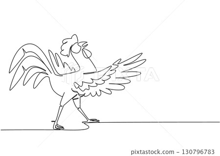 Continuous one line drawing rooster dancing pose. Swinging freely here and there. Free the feet to follow the rhythm. The cock. Dance Like a Chicken Day. Single line draw design vector illustration 130796783