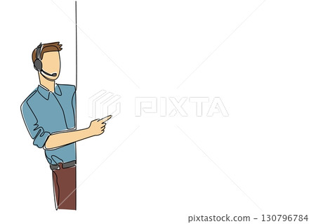Continuous one line drawing male customer support wearing headphones with mic appears from behind the wall. Busy day. International Customer Support Day. Single line draw design vector illustration 130796784