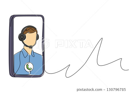 Single continuous line drawing smartphone with image of customer support wearing headphones. Solve problems with video calls. International Customer Support Day. One line design vector illustration 130796785