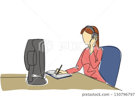Continuous one line drawing female customer support holding headphones and one hand is writing in a book. Professional. International Customer Support Day. Single line draw design vector illustration 130796797