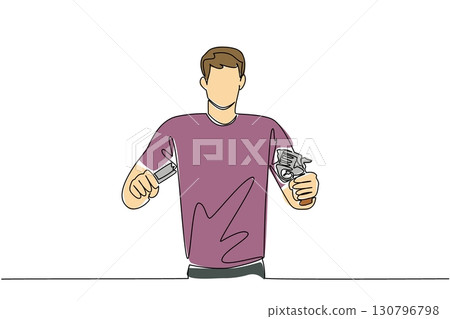 Single continuous line drawing a man in casual clothes holds and breaks revolver handgun with both hands. Rude rejection. International Conscientious Objectors Day. One line design vector illustration 130796798