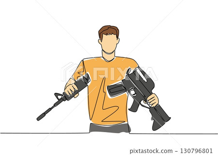 Continuous one line drawing a man in casual clothes holds and breaks a rifle with both hands. Momentum of peace. International Conscientious Objectors Day. Single line draw design vector illustration 130796801