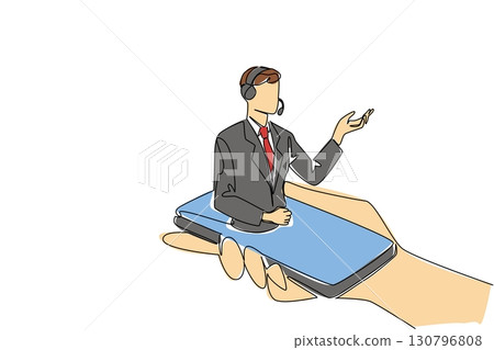Single one line drawing hand hold smartphone with male customer support coming out of the screen. Online explanation. International Customer Support Day. Continuous line design graphic illustration 130796808