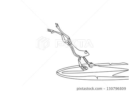 Single continuous line drawing the frog jumped and landed on the lotus leaf. Staking out prey to eat. Daily hunting activities. The toad. National Frog Jumping Day. One line design vector illustration 130796809