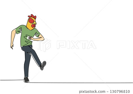 Single continuous line drawing a man wearing a tshirt wearing a chicken head mask poses dancing. Sway to the beat. Happiness. Hobby. Dance Like a Chicken Day. One line design vector illustration Single continuous line drawing a man wearing a tshirt wearing a chicken head mask poses dancing. Sway to the beat. Happiness. Hobby. Dance Like a Chicken Day. One line design vector illustration 130796810