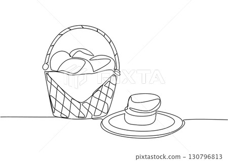 Single continuous line drawing buttermilk biscuits in rattan woven basket with a handle and a napkin base. Serving delicious snack. National Buttermilk Biscuit Day. One line design vector illustration Single continuous line drawing buttermilk biscuits in rattan woven basket with a handle and a napkin base. Serving delicious snack. National Buttermilk Biscuit Day. One line design vector illustration 130796813