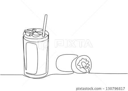 Continuous one line drawing glass of kiwi juice with straw and leaf on top of glass. Fresh drinks that protect the immune system. National Juice Slush Day. Single line draw design vector illustration 130796817