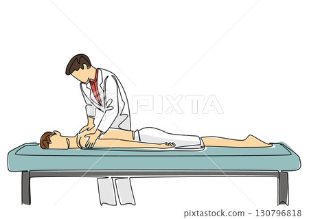 Single continuous line drawing male physiotherapist massaging back of male patient sleeping on patient bed. Spine treatment. Spinal Cord Injury Awareness Day. One line design vector illustration 130796818