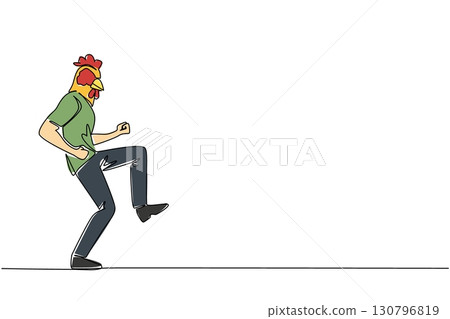 Continuous one line drawing a young man wearing a tshirt wearing a chicken head mask poses dancing. Dancing like playing guitar. Dance Like a Chicken Day. Single line draw design vector illustration Continuous one line drawing a young man wearing a tshirt wearing a chicken head mask poses dancing. Dancing like playing guitar. Dance Like a Chicken Day. Single line draw design vector illustration 130796819