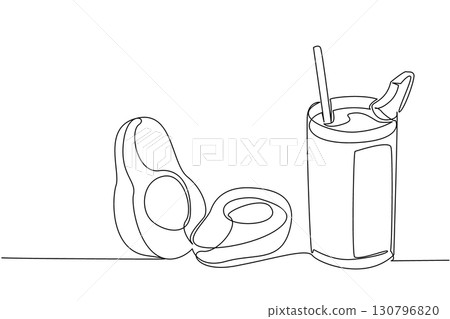 Single one line drawing glass of avocado juice with straw and avocado slices on top of glass. A delicious drink to maintain heart. National Juice Slush Day. Continuous line design graphic illustration 130796820