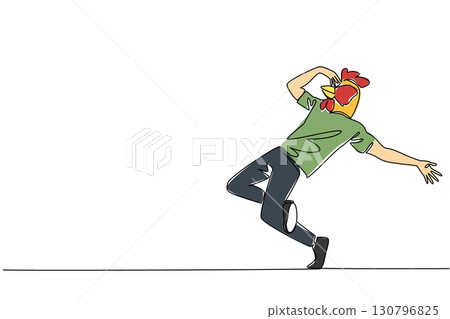 Single continuous line drawing a man wearing a tshirt wearing a chicken head mask poses dancing. Celebrating happiness with freedom. Dance Like a Chicken Day. One line design vector illustration 130796825