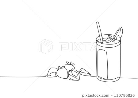 Single one line drawing glass of strawberry juice with straw and strawberry pieces on top of the glass. Fresh. Cool. Refreshing. National Juice Slush Day. Continuous line design graphic illustration Single one line drawing glass of strawberry juice with straw and strawberry pieces on top of the glass. Fresh. Cool. Refreshing. National Juice Slush Day. Continuous line design graphic illustration 130796826