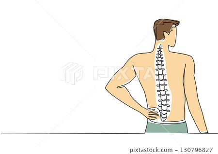 Continuous one line drawing a man holding his waist and back. Unbearable pain. Feeling uncomfortable to do activities. Spinal Cord Injury Awareness Day. Single line draw design vector illustration 130796827
