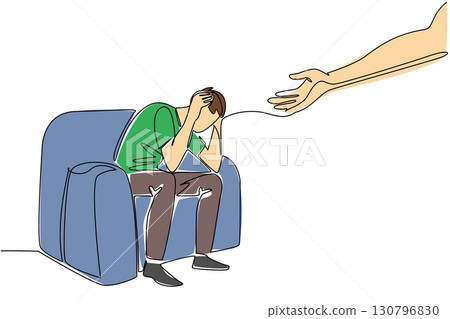 Single one line drawing man sitting on sofa with both hands holding his head. Helps to get out of trouble. National Mental Health Provider Appreciation Day. Continuous line design graphic illustration Single one line drawing man sitting on sofa with both hands holding his head. Helps to get out of trouble. National Mental Health Provider Appreciation Day. Continuous line design graphic illustration 130796830