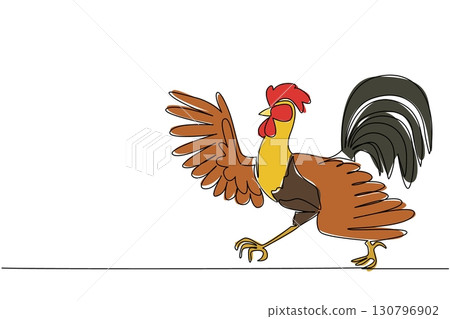 Single continuous line drawing rooster dancing pose. Unique and agile sway of the rooster. Strong legs dancing. Celebrating the festival. Dance Like a Chicken Day. One line design vector illustration Single continuous line drawing rooster dancing pose. Unique and agile sway of the rooster. Strong legs dancing. Celebrating the festival. Dance Like a Chicken Day. One line design vector illustration 130796902