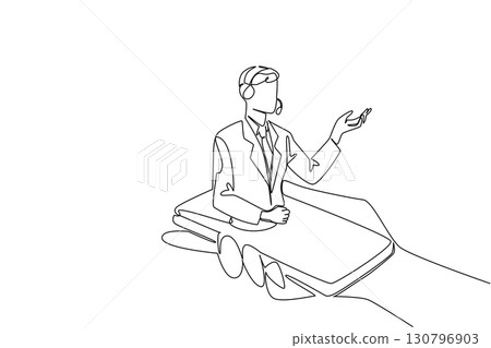 Single one line drawing hand hold smartphone with male customer support coming out of the screen. Online explanation. International Customer Support Day. Continuous line design graphic illustration Single one line drawing hand hold smartphone with male customer support coming out of the screen. Online explanation. International Customer Support Day. Continuous line design graphic illustration 130796903