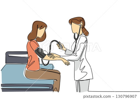 Single one line drawing the doctor checks the blood pressure of patient using a tensiometer. Initial examination. Medicine. National Checkup of Women Day. Continuous line design graphic illustration Single one line drawing the doctor checks the blood pressure of patient using a tensiometer. Initial examination. Medicine. National Checkup of Women Day. Continuous line design graphic illustration 130796907