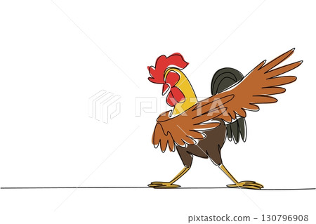 Single continuous line drawing rooster dancing pose. The chicken who is very good at dancing. With dab style phenomenon. Freedom. Active. Dance Like a Chicken Day. One line design vector illustration Single continuous line drawing rooster dancing pose. The chicken who is very good at dancing. With dab style phenomenon. Freedom. Active. Dance Like a Chicken Day. One line design vector illustration 130796908