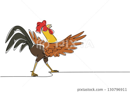 Continuous one line drawing rooster dancing pose. Swinging freely here and there. Free the feet to follow the rhythm. The cock. Dance Like a Chicken Day. Single line draw design vector illustration 130796911