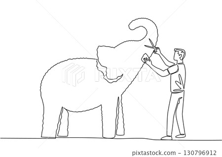 Continuous one line drawing a male gardener holds grass shears and shapes a tree into an elephant. A creativity without limits. The art. World Topiary Day. Single line draw design vector illustration 130796912